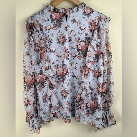 Rachel Parcell Blue & Pink Floral Blouse Women LS Lined Size L EUC Coquette Chic - Picture 2 of 13